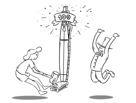 Bild in Comic-Optik mit einem "Hau den Lukas" Spiel bei welchem die Kundin den Hammer hält und Mister Pen sich über den Erfolg freut.