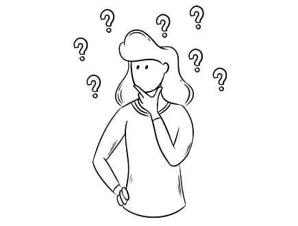 Kundin, die mit Fragezeichen um den Kopf nach der richtigen Lösung sucht. Comic-Optik